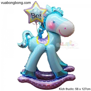 Bong bóng ngựa gỗ xanh baby boy 4D